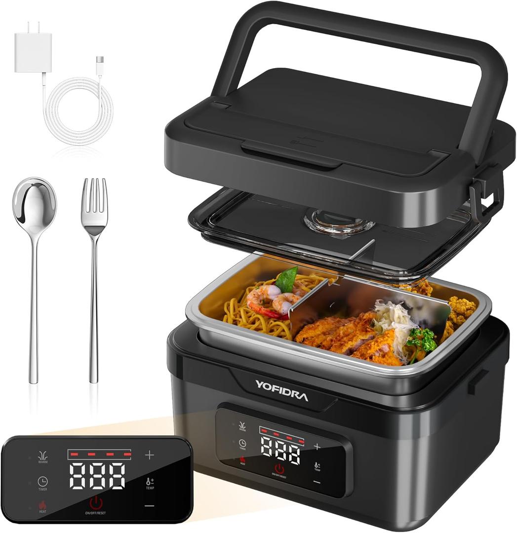 Yofidra Cordless Electric Heated Lunch Box: 6.3 Cups Self Heating Lunch Box with Battery, Timer & Temperature Control, Extra Large Portable Food Warmer for Adults, Men & Women in Office Car Outdoor (Black)