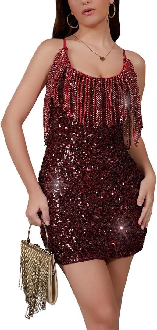 Women's Sparkling Sequin Fringe Mini Dress Party Clubwear Sleeveless Spaghetti Strap Bodycon Dress (L)