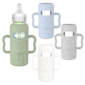 KingKam 4 Pack Silicone Sleeves for Dr. Brown's Glass Baby Bottles, Drop Protection Bottle Sleeves with Handles, Compatible with Dr. Brown's Anti-Colic Options+ Narrow Glass Baby Bottles, 8 oz/250 mL (Blue + Green + White + Grey 8OZ)