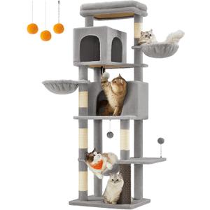 Feandrea Cat Tree, 69-Inch Tall Cat Tower for Indoor Cats, Multi-Level Cat Condo with 2 Caves, 2 Baskets, 5 Scratching Posts, Self-Groomer, Perch, Hammock, Dove Gray UPCT182G01