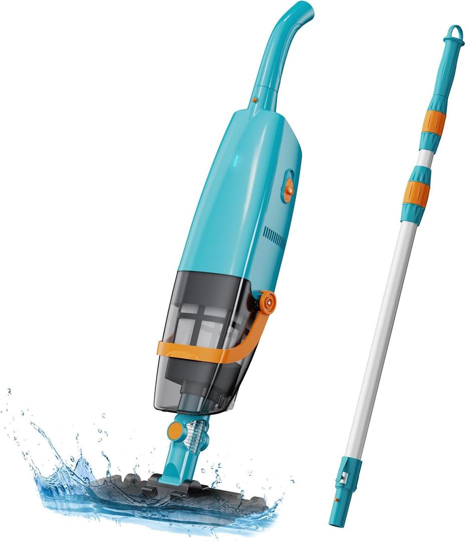 LVKE L2 Cordless Handheld Pool Vacuum for Above Ground Pool with Telescopic Pole, Strong Suction Power, Rechargeable Battery, 1H Runtime, High-Efficiency Screen, Ideal for Deep Pool Cleaning, Azure