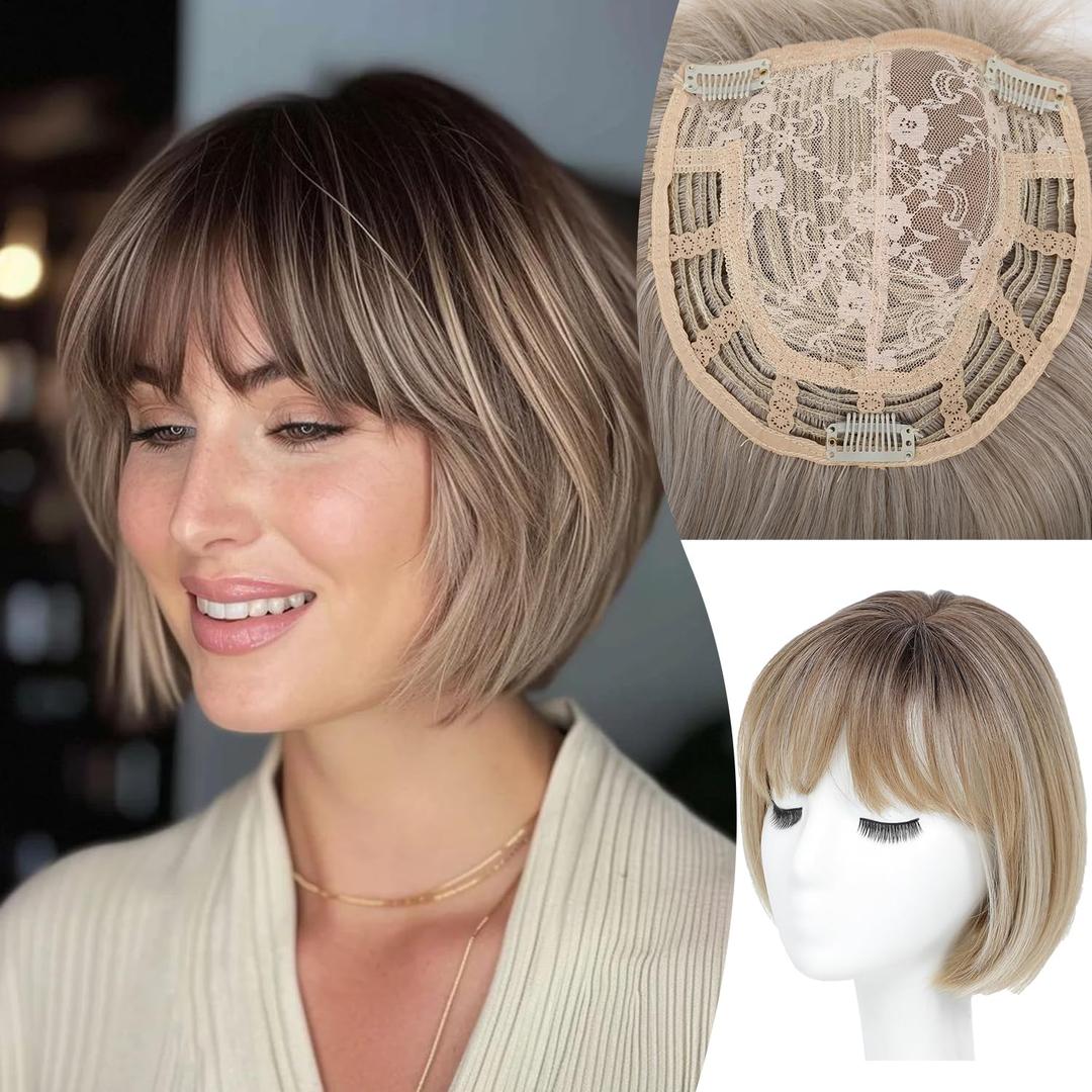 Hair Topper for Women 10 Inch Short Bob With Bangs, Side Part for Thinning Hair Synthetic Wig Piece Drak Blonde with Drak Root