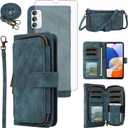 Phone Case for Samsung Galaxy A14/M14 5G Wallet Cell Cover with Tempered Glass Screen Protector Crossbody Lanyard Strap Flip Stand Zipper Purse Card Holder Slot Cash A 14 4G 14A 14M G5 Women Men Blue