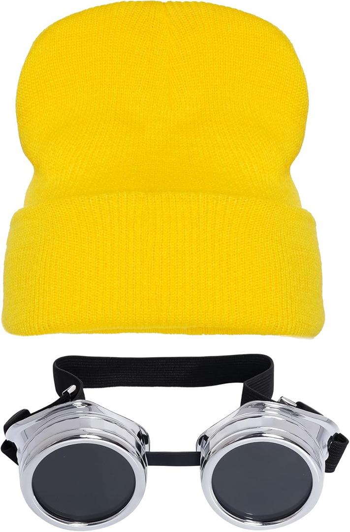 Vintage Steampunk Goggles Glasses with Yellow Beanie Hat, Halloween Costume Accessories for Adult, Halloween Cosplay Party Set