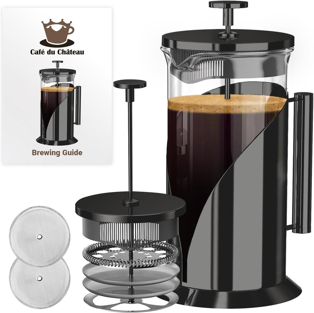 Cafe Du Chateau Stainless Steel French Press Coffee Maker 34 oz - Easy to Use Insulated Coffee Press with 4-Level Filtration, Manual Brewer for Tea, Camping & Travel with BPA Free, Durable Clear Glass (B. Dark Chrome)