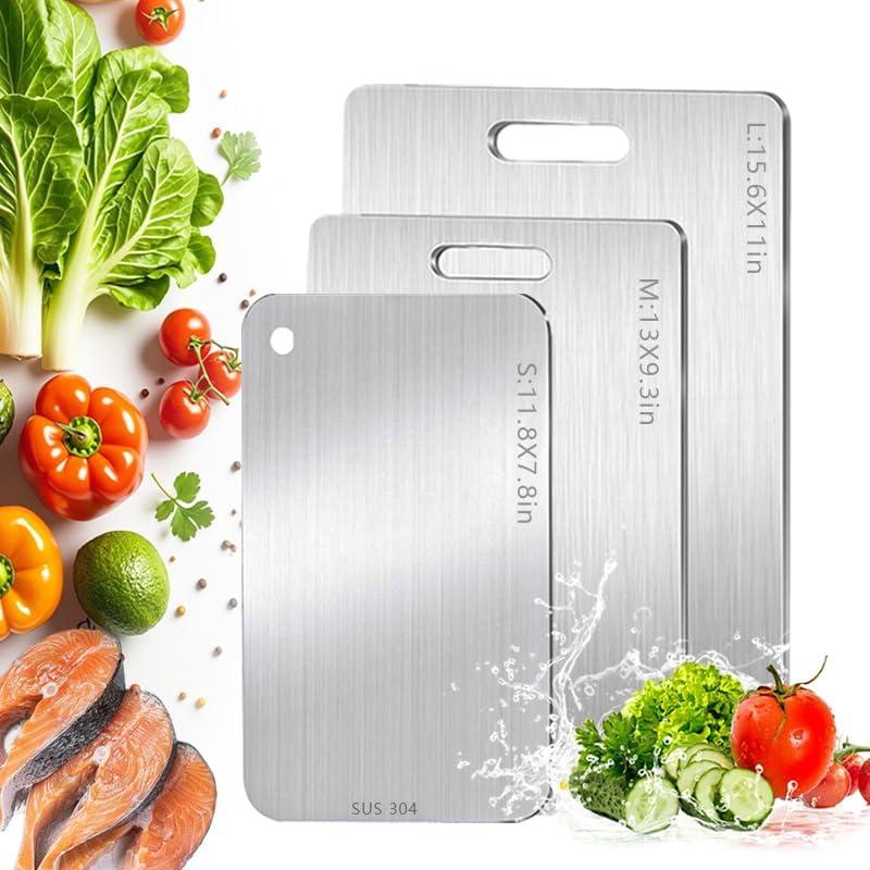 Titanium Cutting Board Set of 3, Stainless Steel Cutting Boards, Non Toxic, Double-Sided Food Grade Chopping Board for Outdoor Camping (15.6" x 11", 13" x 9.3", 11.8" x 7.8")