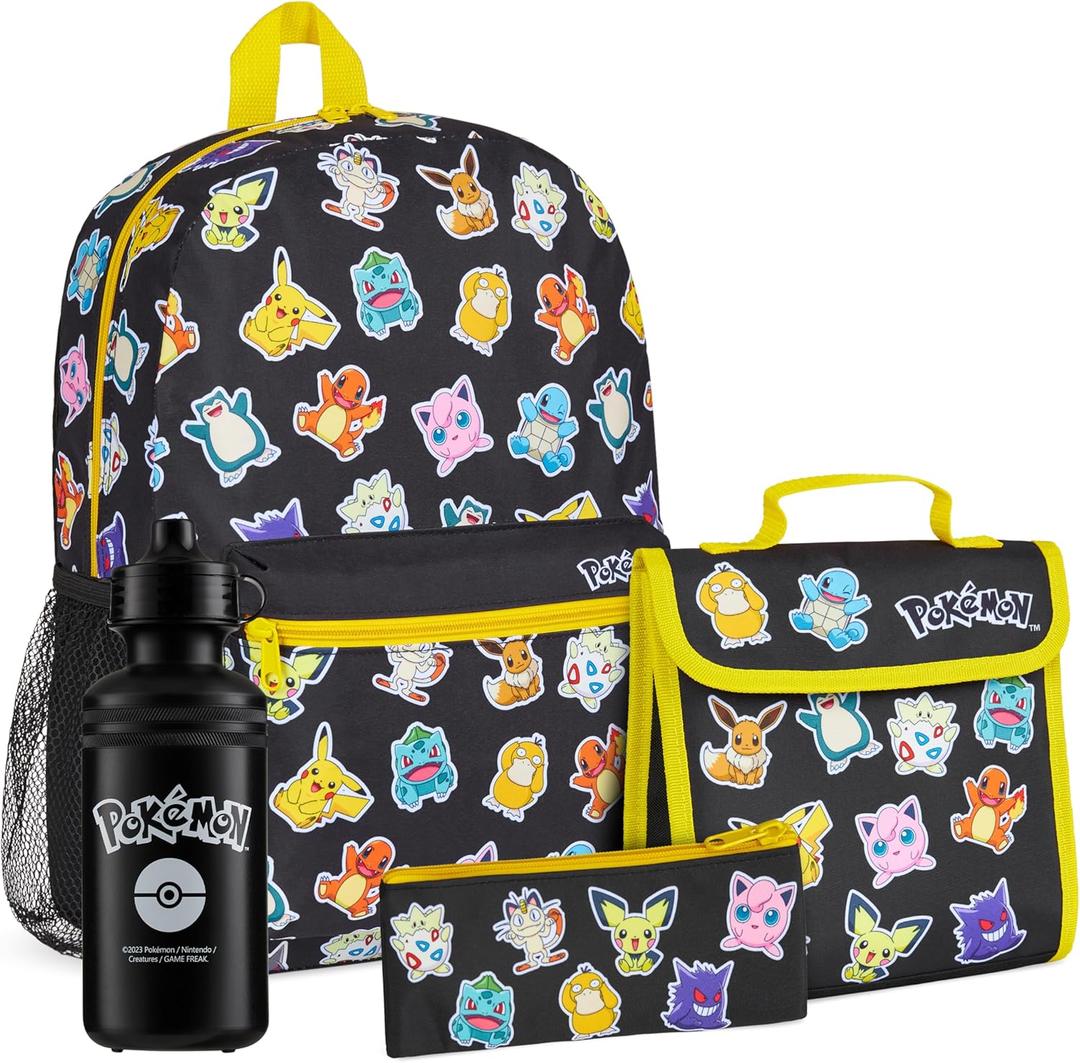 Pokemon Backpack Set 4 Pcs for Kids with Backpack Water Bottle Pencil Case Lunch Bag or Wallet Anime School Supplies Gifts (Black/Multi)