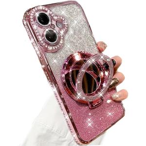 iPhone 16 Plus Magnetic Glitter Kickstand Case, [Compatible with MagSafe] Girly Woman Makeup Mirror Cute Bling Rhinestones Cover + Camera Protector Ring Stand for iPhone 16 Plus (Pink)