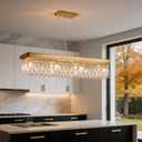 She's home Rectangular Modern Crystal Chandeliers for Dining Room 40",Gold Long Pendant Light Fixtures,K9 Raindrop Hanging Ceiling Light,Height Adjustable Linear Chandelier for Kitchen Over Table