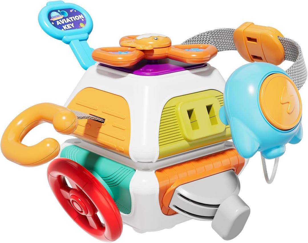 SOCBTNSO 10-in-1 Montessori Busy Board for 1 Year Old - Toddler Toys 1-2 Years with Car Steering Wheel & Keys, Car Travel Toys for Toddlers 1-3, Sensory Activity Cube, Birthday Gifts Baby Boys Girls