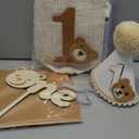 Bear First Birthday Blue High Chair Banner Decorations Baby Boy With 1st Birthday Hat One Cake Topper For 1st Birthday Party Decor (Blue Khaki White)