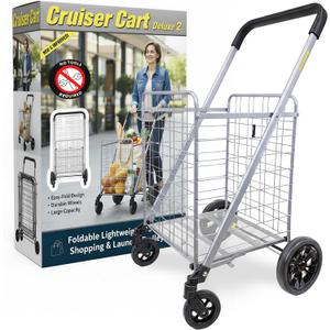 dbest Products Cruiser Cart Deluxe 2 - Foldable Shopping Cart with Wheels for Groceries - Heavy Duty Utility Cart with Brake System - Collapsible Laundry Cart - USA Designed - Holds 100 lbs - Silver