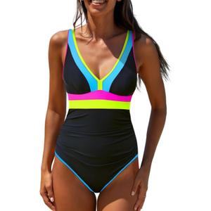 popvil One Piece Swimsuit Women 2025 Tummy Control Neon Color Block Bathing Suit Deep Vneck Tie Back Swim Suits Beach (Large, Black Blue-1)