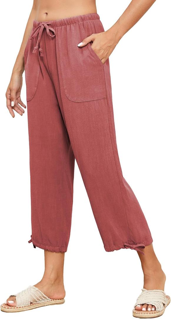 Famulily Womens Capri Pants High Waisted Wide Leg Lounge Linen Pant Drawstring Causal Palazzo Trousers with Pockets (Large, Red)