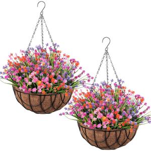2 Pack Artificial Hanging Flowers in Basket for Porch Home Artificial Camellia Arrangement Fake Porch Plants 12 inch Coconut Lining Basket for Outdoors Indoors Decor(Mixed Colors)