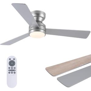 Asyko 46" Silver Low Profile Ceiling Fan with Light and Remote, Modern Flush Mount Ceiling Fans for Bedroom, Living Room, 6 Speeds, Dimmable, Timer, Quiet Reversible