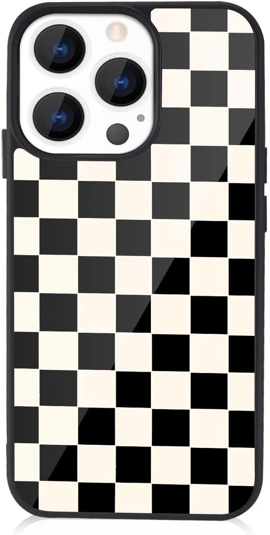 Checkerboard Grid Case for Apple iPhone 13 Aluminum Black Phone case Shockproof Full Body Protection Cover (Hard Back Case with Soft TPU Bumper)