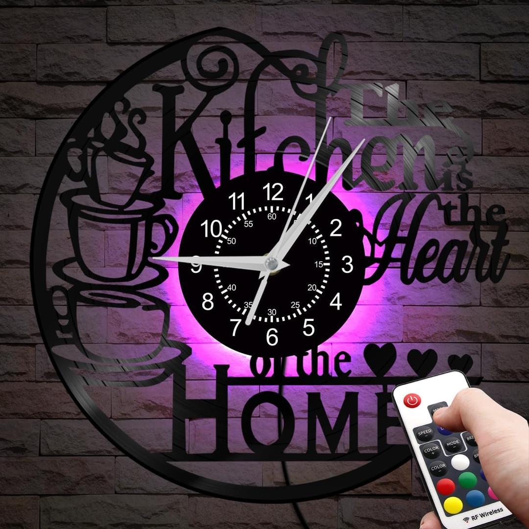Timeglow 12'' Kitchen Vinyl Record Wall Clock 7 Kinds of LED Color, Kitchen Heart Home Theme Wall Clock Night Light Silent Non Ticking Coffee Bar Wall Watch Clock for Women Wife Restaurant Dining Room