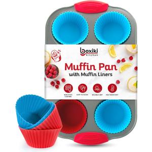 Boxiki Kitchen Non-Stick Steel 6 Cup Muffin Pan with Silicone Handles and Reusable Liners - Perfect for Baking Large Muffins and Cupcakes