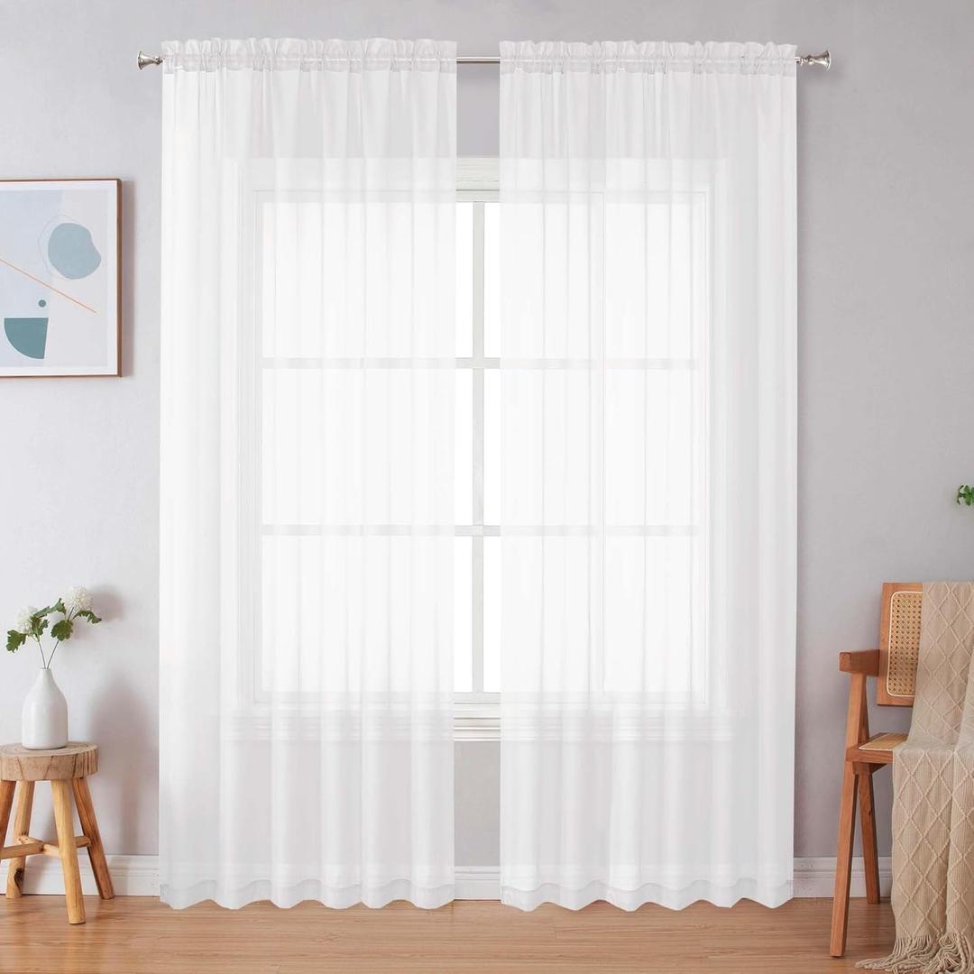 Simplebrand White Sheer Curtains 84 Inches Long, Light Filtering Rod Pocket Solid Color Window Sheer Curtain Panels, Elegant Curtains & Drapes for Living Room, Bedroom 2 Panels (White, 59" W x 84" L)
