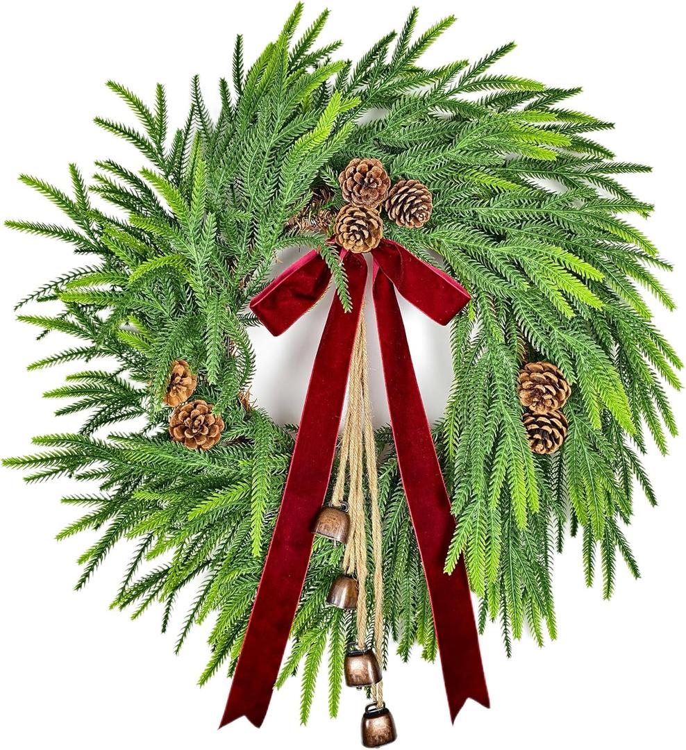 28 Inch Real Touch Norfolk Pine Christmas Wreath with Pine Cones, Bells & Bow  Double Ring Winter Wreath for Front Door, Porch, Wall & All-Season Home Dcor