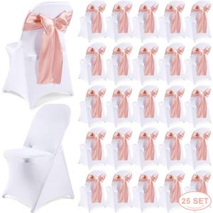 Lounsweer 50 Pcs Folding Chair Cover Set with 25 Stretch Spandex Slipcovers 25 Satin Chair Sashes Bows Ribbon Washable Banquet Protector for Wedding Event Party(White, Rose Gold)