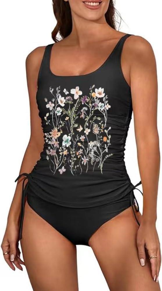 Earlymemb Womens Tummy Control Two Piece Tankini Set Funny Pattern Bathing Suit Drawstring Ruched Swimwear (Large)