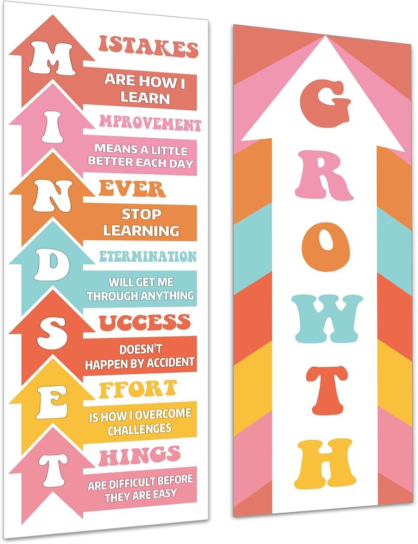 Hippie Groovy Growth Mindset Classroom Decorations Growth Mindset Banner Posters Motivational Bulletin Board Decor for Back to School Wall Door Decors Preschool Elementary Middle High School Supplies