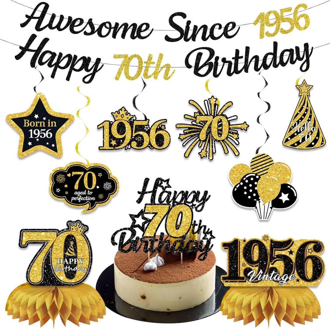 70th Birthday Decorations for Men Women, Black Gold Awesome Since 1955 Happy 70th Birthday Banner Swirls Cake Topper Party Supplies, Seventy Years Bday Honeycomb Centerpiece Sign Decor