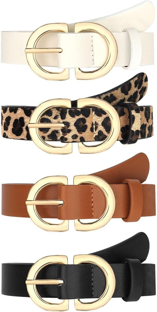 YARIEW 4 Pack Leopard Belts for Women Leather Belts for Jeans Pants Ladies Dress Belt Waist Belt with Gold Buckle (Xl: Fit Waist Size 43-46 Inches, Beige, Black, Brown, Leopard)