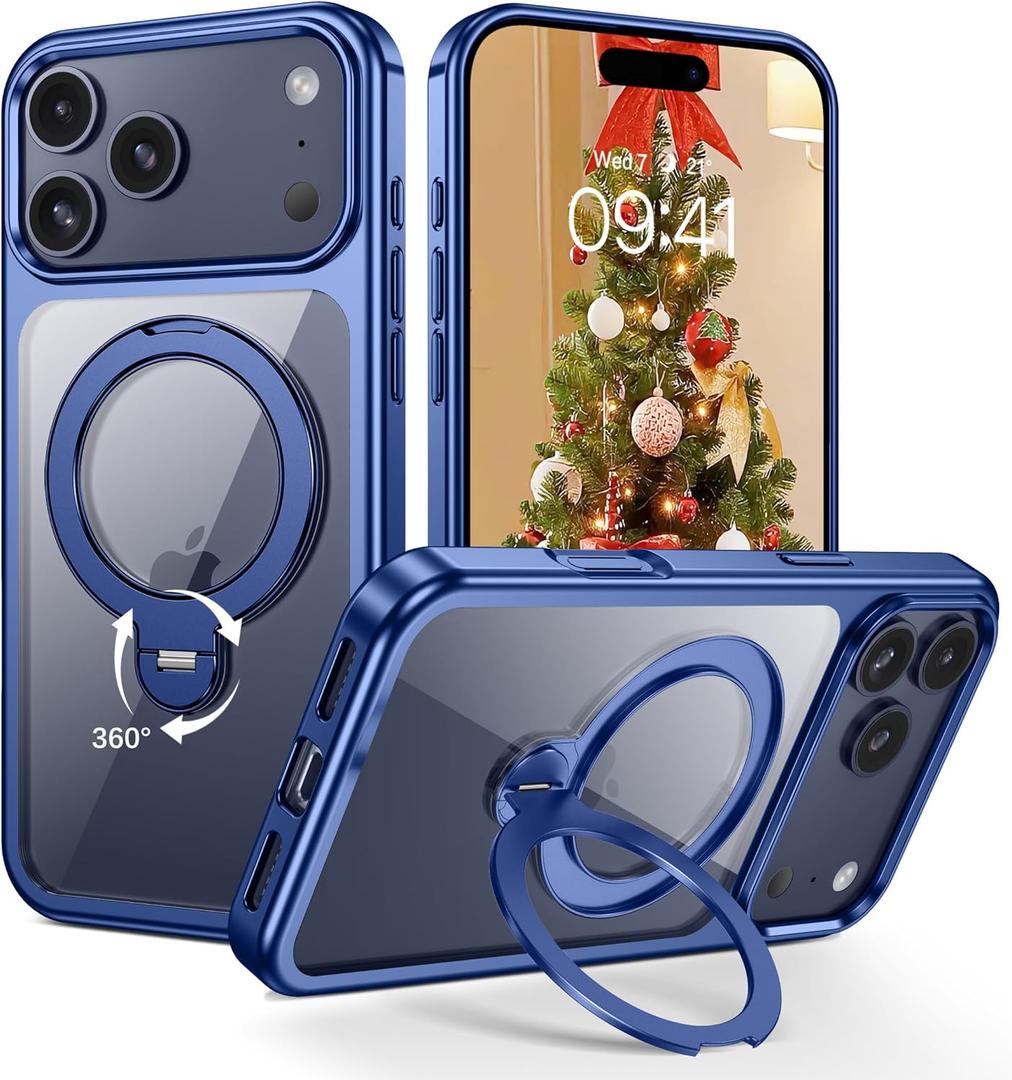 DOMAVER Magnetic for iPhone 17 Pro Case, with 360 Rotatable Invisible Ring Stand, [Compatible with MagSafe] Clear Back Plating Edge Shockproof Protective Phone Cover for 6.3inch, Deep Blue