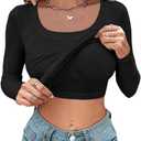 CHICME Women's Fall Long Sleeve Square Neck 2025 T Shirts with Built-in Shelf Bra Ribbed Knit Slim Fit Casual Basic Tops L