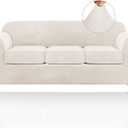 PrinceDeco Velvet Couch Covers for Sofa Soft 4 Pieces Couch Covers for 3 Cushion Couch Sofa Pet Friendly Furniture Protector with Non Slip Elastic Bottom Width Up to 90 Inch (Large, Porcelain)