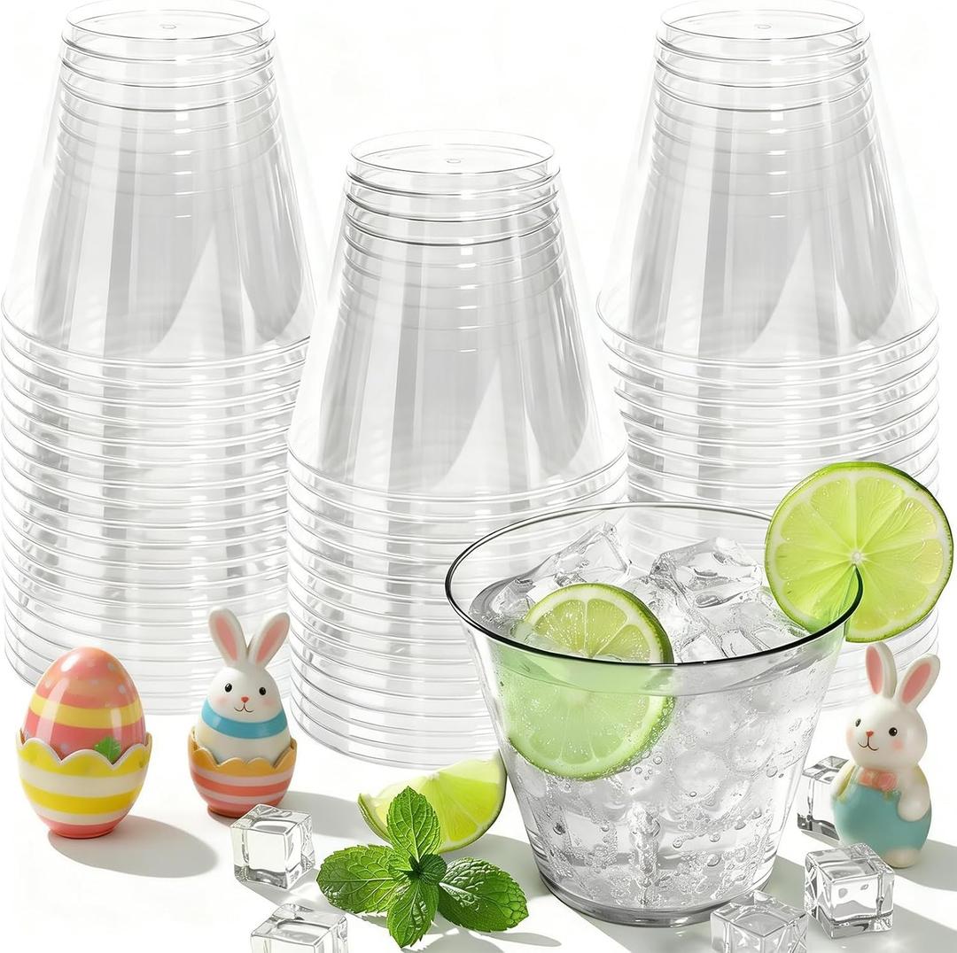 9 oz Clear Plastic Cups Plastic Disposable Cups for Cocktail 50 Pack Fancy Cocktail Cup for Party Stemless Wine Glasses for Easter Wedding Party Graduation Birthday