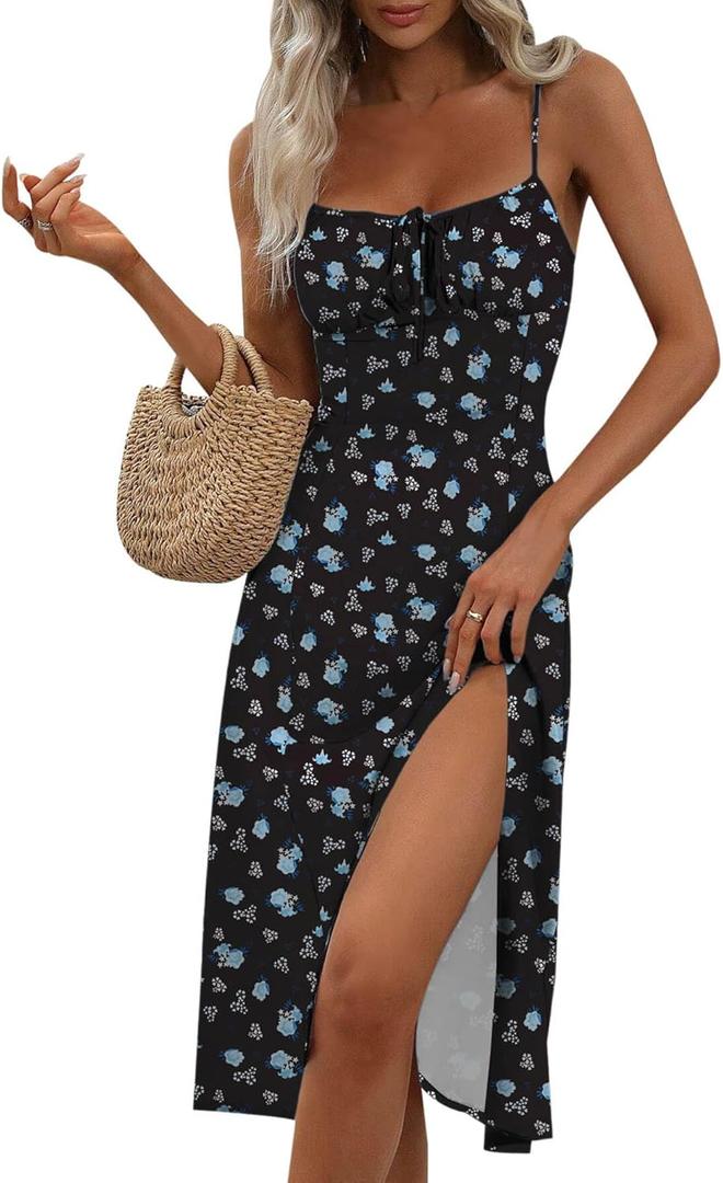 Bonkwa Women Summer Floral Midi Dresses Sleeveless Ruched Bust High Waist Casual Dress Sundress Long Dresses Slit Cami Dress (Medium)