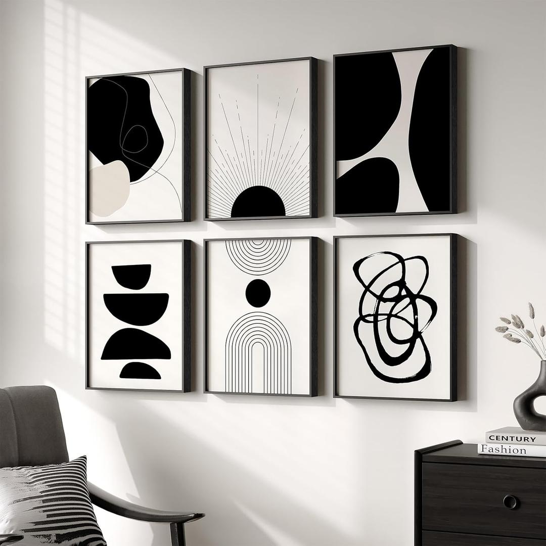 Framed Boho Black and White Abstract Wall Art, Set of 6 Modern Canvas Prints Paintings Artwork for Walls, Minimalist Geometric Pictures for Living Room Bedroom Office Bathroom Wall Decor 11x14 Inch