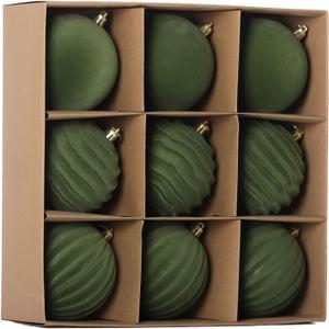 Senjie Velvet Christmas Balls Flocked Christmas Tree 4inch Ornaments 9PCS Plastic Balls Xmas Hanging Ornaments Decoration Avocado Green