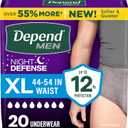 Depend Night Defense Adult Diapers, Incontinence Underwear for Men, Disposable, Overnight, Extra-Large, Grey, 20 Count, Packaging May Vary
