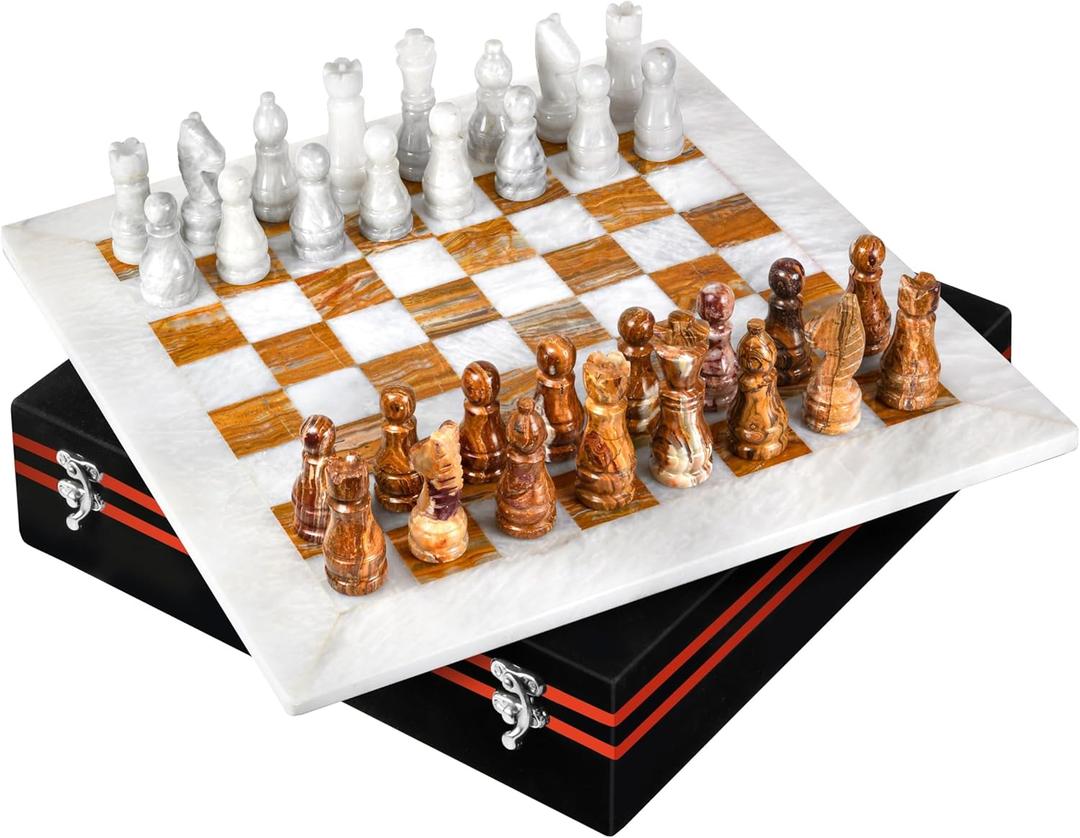 UMAID Marble Chess Set for Adults, 12" Handcrafted Marble Chess Board with Weighted Pieces and Velvet Storage Box, Luxury Chess Game for Home, Office, or Elegant Decor, Premium Gift for Chess Lovers (Brown & White)