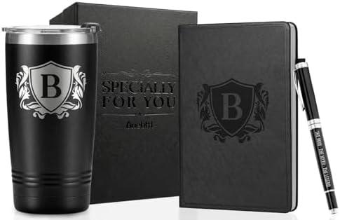 Onebttl Personalized Gifts for Men with Initials, Monogrammed Travel Tumbler for Him, Custom Notebook, Luxury Pen, Unique Gifts for Men who Have Everything on Birthday Christmas, Black, B