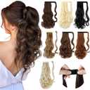 FELENDY 18" Ponytail Extension Curly Wavy Clip in Hairpiece Wrap Around Long Pony Tails Hair Extensions Synthetic for Women Light Auburn