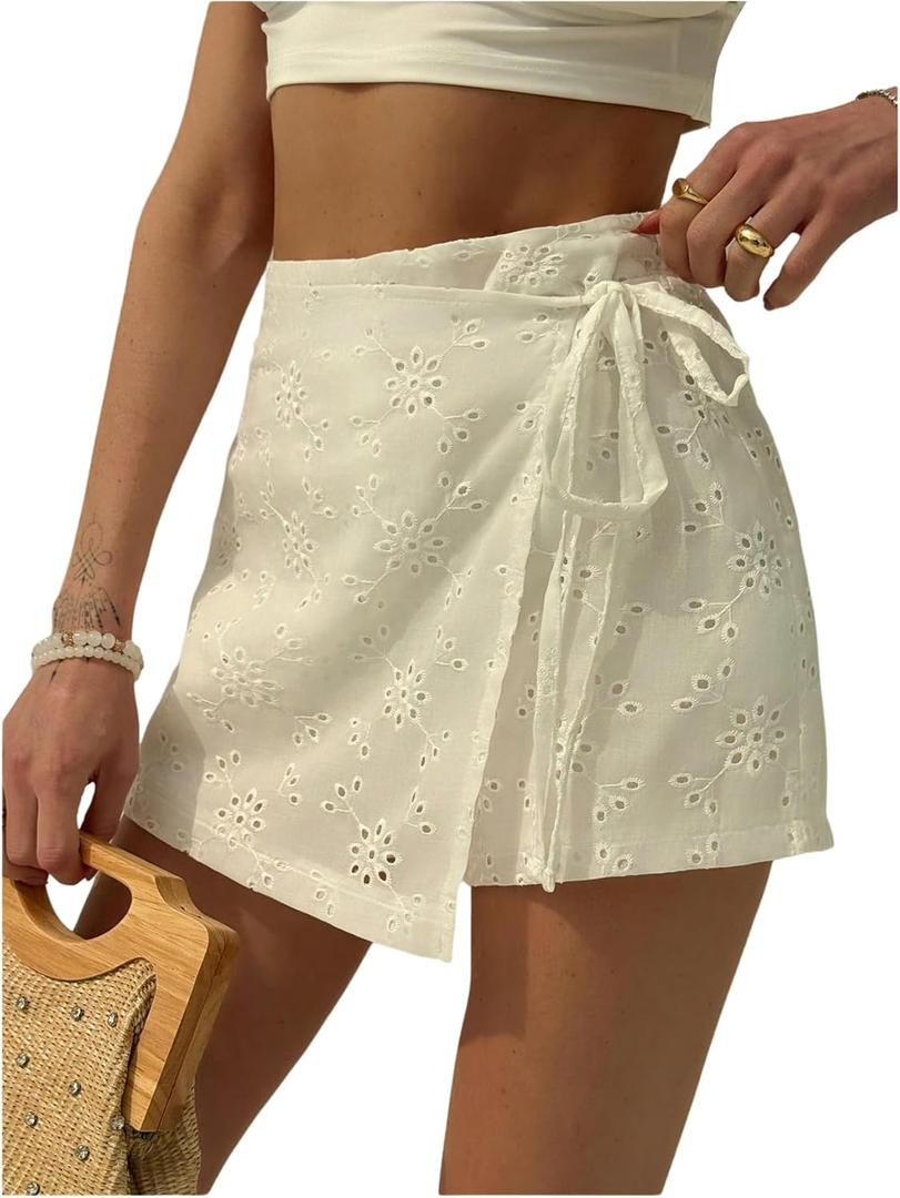 GORGLITTER Women's Wrap Skirt Embroidery Mini Boho Vacation Holiday Summer Cute Coquette Skort (White, S)
