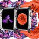 Tiptops 3 Packs Compatible with Apple Watch Bands Scrunchies 38mm-49mm Women Cloth Pattern Printed Fabric Wristbands Straps Elastic for iWatch Ultra 2 Series 10/9/8/7/6/5/4/3/2/1/SE (Butterfly+PurplePrint+Orange)