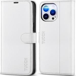 TUCCH Case Wallet for iPhone 14 Pro Max, [RFID Blocking] 4 Card Holder Stand [Shockproof TPU Interior Case] PU Leather Magnetic Protective Flip Cover Compatible with iPhone 14 Pro Max 6.7", White