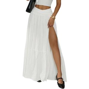 Milumia Women's High Waist Ruffle Hem Maxi Skirt Split Thigh High Beach Long Skirts, Medium Petite