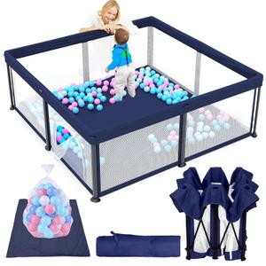 TOREVSIOR Foldable Baby Playpen with Mat, 50"50" Collapsible Play Pen for Babies and Toddlers, Indoor & Outdoor Kids Safety Play Pen, Portable Play Yard, Foldable Baby Playpen with 50 Ocean Balls (Blue)