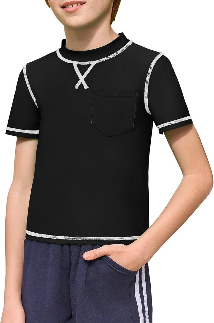 Haloumoning Boys Athletic Short Sleeve T-Shirts Kids Quick Dry Rash Guard Swim Shirt Tops Tees 5-14 Years (11-12 Years, Black)