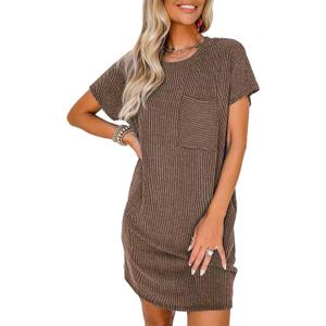 Acelitt Womens Casual Summer Short Sleeve Ribbed Mini Tshirt Dress (M, 6 Brown)