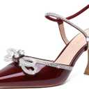 Susanny Women's Closed Toe Rhinstone Wedding Low Heel Slingback Clear Kitten Heels,Adjustable Strap Pointed Toe Bow Pumps High Heeled Prom Dress Shoes (8.5, Burgundy)
