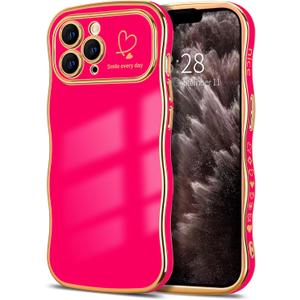 Hython for iPhone 11 Pro Case Wave Wavy Phone Cases with Love Heart, Luxury Plating Edge Cute Curly Shape Cover for Women Girls, Thin Slim Soft TPU Rubber Shockproof Protective Cover, Hot Pink